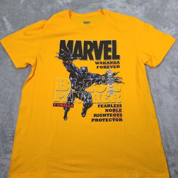 MARVEL Black‎ Panther Wakanda Forever T'Challa Yellow RARE Mad Engine T-Shirt L - Picture 1 of 6